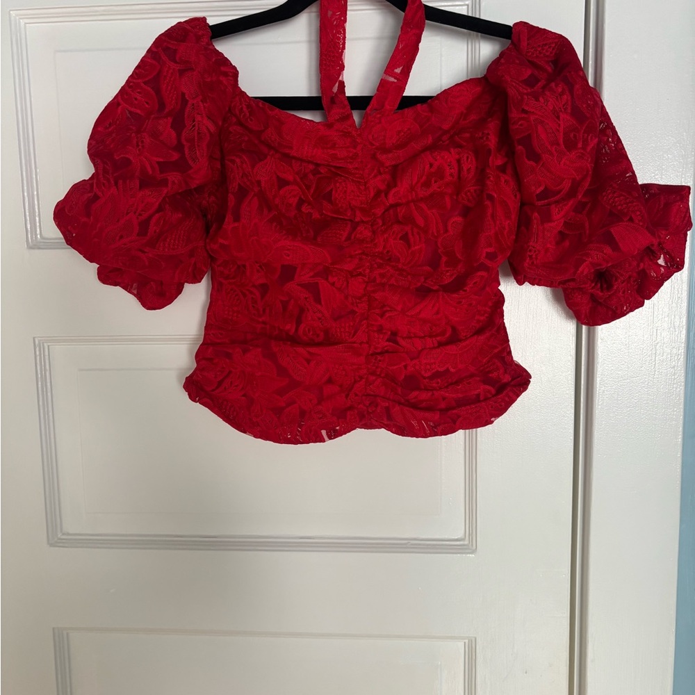 VENUS Red Puff Sleeve Crop Blouse